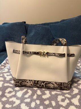 Michael Kors Cream Tote with Snake-Print Trim and Gold MK Accent